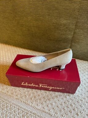 Salvatore Ferragamo Beige Linen Low Heel Pump
